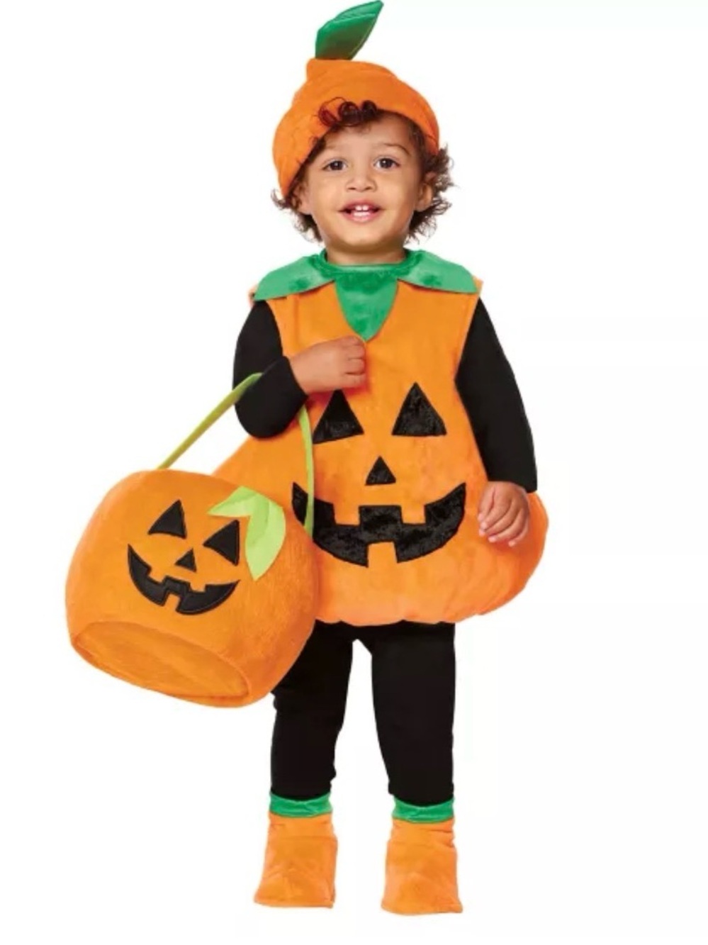Infant Pumpkin Costume with Green Leaf Hat and Black Jack-O'-Lantern Face.